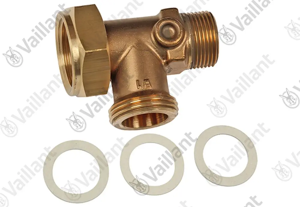 Vaillant T-Stück aus Messing mit drei Anschlüssen und drei Dichtungen aus Gummi. Für Rohrverbindungen in Heizungs- oder Sanitärinstallationen geeignet.